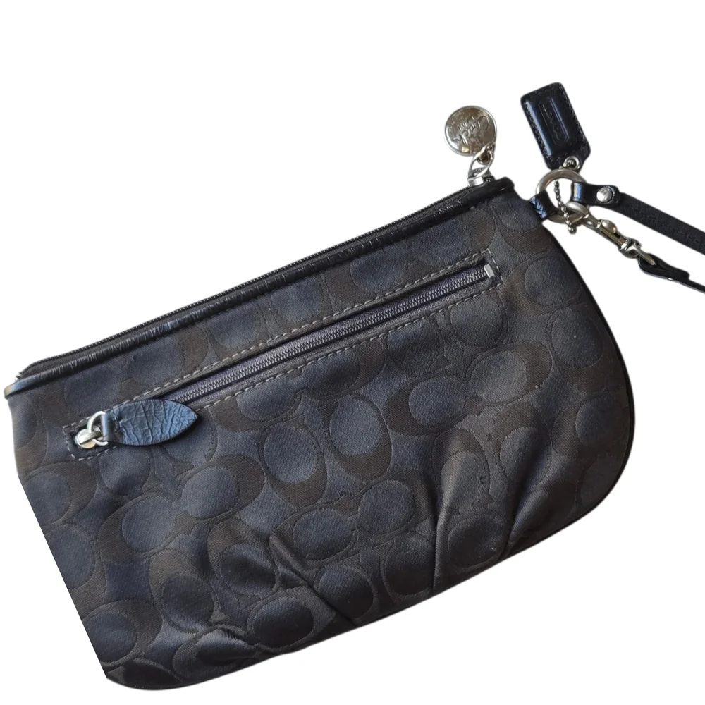 Coach Black Wristlet With Brown C Pattern. Large Clutch With Zipper, Pockets